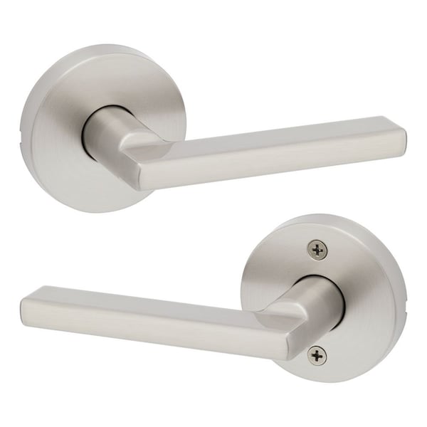 Halifax Lever with Round Rose Passage Door Lock with 6AL Latch and RCS Strike Satin Nickel Finish